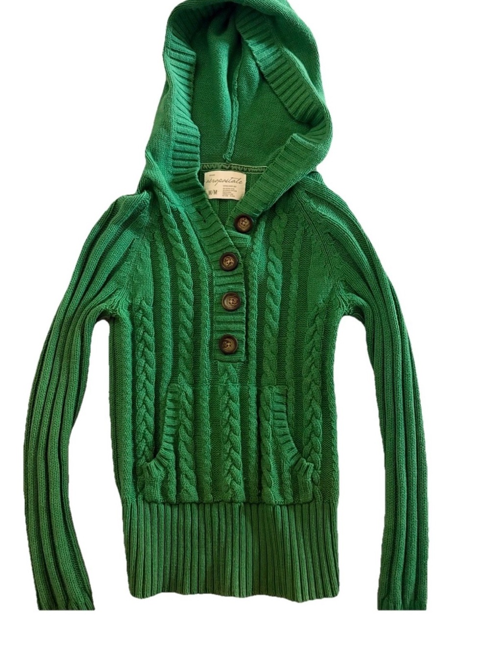 Aeropostale Kelly Green Cable-Knit Hooded Cardigan with Wooden Buttons